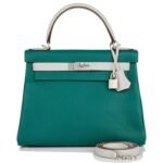 HERMÈS SPECIAL ORDER HSS KELLY RETOURNE 28 MALACHITE AND GRIS PERLE CLEMENCE BRUSHED PALLADIUM HARDWARE