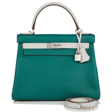 HERMÈS SPECIAL ORDER HSS KELLY RETOURNE 28 MALACHITE AND GRIS PERLE CLEMENCE BRUSHED PALLADIUM HARDWARE