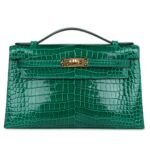 HERMÈS KELLY POCHETTE EMERALD SHINY POROSUS CROCODILE GOLD HARDWARE