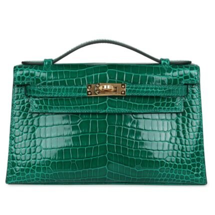HERMÈS KELLY POCHETTE EMERALD SHINY POROSUS CROCODILE GOLD HARDWARE
