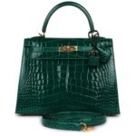 PRE-OWNED HERMÈS KELLY SELLIER 25 EMERALD SHINY ALLIGATOR GOLD HARDWAR