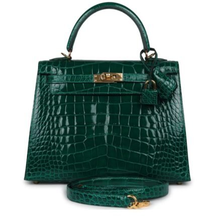 PRE-OWNED HERMÈS KELLY SELLIER 25 EMERALD SHINY ALLIGATOR GOLD HARDWAR