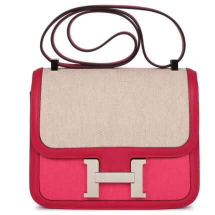 PRE-OWNED HERMÈS CONSTANCE 24 ROSE SHOCKING AND ECRU TOILE H BERLINE AND FRAMBOISE SWIFT PALLADIUM HARDWARE
