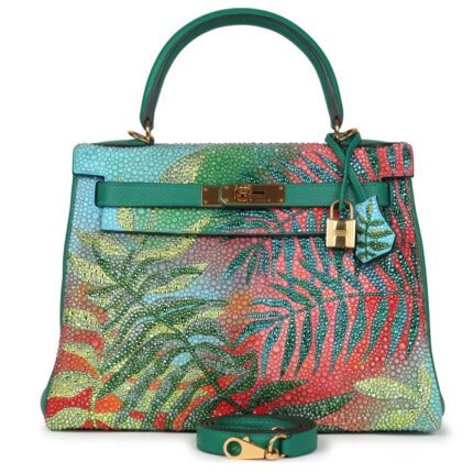 CUSTOM TROPICAL SWAROVSKI CRYSTAL HERMÈS KELLY RETOURNE 28 VERT VERTIGO CLEMENCE GOLD HARDWARE