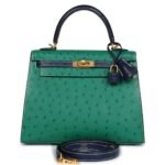 PRE OWNED HERMÈS SPECIAL ORDER HSS KELLY SELLIER 25 VERT VERTIGO AND BLEU IRIS OSTRICH BRUSHED GOLD HARDWARE