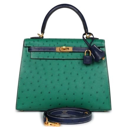 PRE OWNED HERMÈS SPECIAL ORDER HSS KELLY SELLIER 25 VERT VERTIGO AND BLEU IRIS OSTRICH BRUSHED GOLD HARDWARE