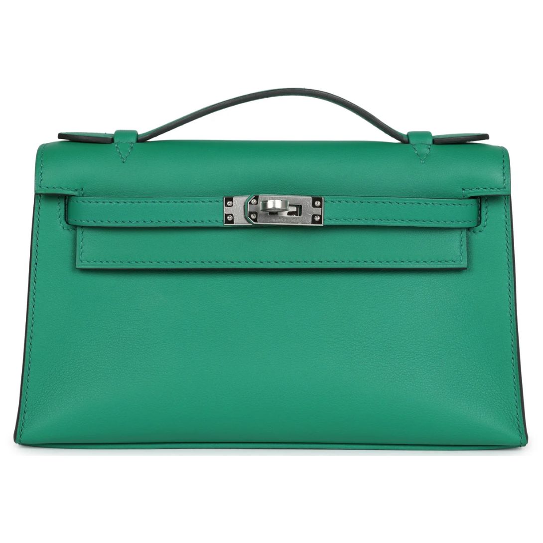 1 HERMÈS KELLY POCHETTE VERT VERTIGO SWIFT PALLADIUM HARDWARE