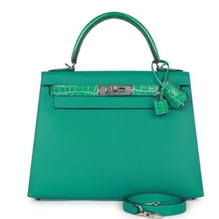 HERMÈS KELLY SELLIER 28 VERT VERONE MADAME AND SHINY NILOTICUS CROCODILE TOUCH PALLADIUM HARDWARE