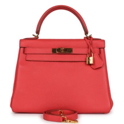 PRE-OWNED HERMÈS KELLY RETOURNE 28 ROSE JAIPUR CLEMENCE GOLD HARDWARE