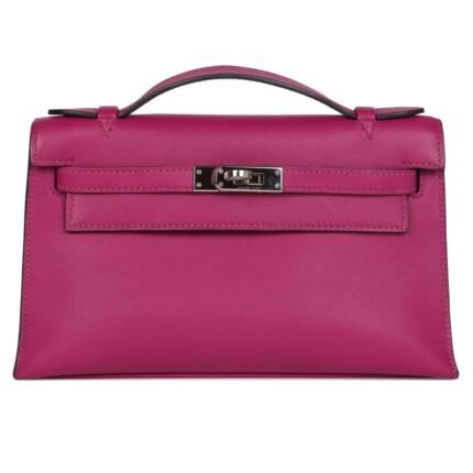 PRE-OWNED HERMÈS KELLY POCHETTE ROSE POURPRE SWIFT PALLADIUM HARDWAREbbbb