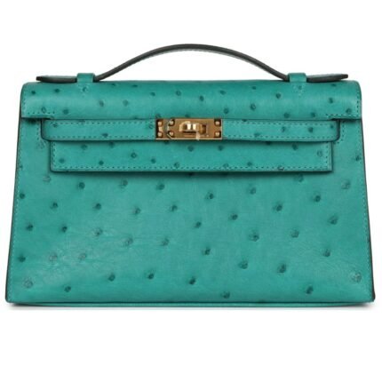 HERMÈS KELLY POCHETTE VERT VERONE OSTRICH GOLD HARDWARE