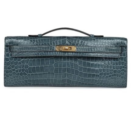 HERMÈS KELLY CUT BLEU JEAN SHINY POROSUS CROCODILE GOLD HARDWARE
