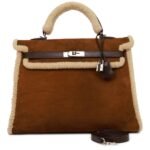 PRE-OWNED HERMÈS TEDDY KELLY 35 SHEARLING AND EBENE BARENIA PALLADIUM HARDWARE