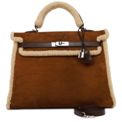 PRE-OWNED HERMÈS TEDDY KELLY 35 SHEARLING AND EBENE BARENIA PALLADIUM HARDWARE