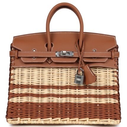 HERMÈS PICNIC BIRKIN 25 GOLD SWIFT AND STRIPE WICKER PALLADIUM HARDWARE