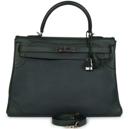 PRE-OWNED HERMÈS GHILLIES KELLY 35 RETOURNE VERT FONCE CLEMENCE AND VERT ANGLAIS EVERCOLOR PALLADIUM HARDWARE