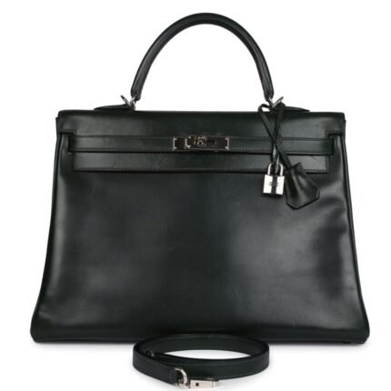 PRE-OWNED HERMÈS KELLY RETOURNE 35 VERT FONCE BOX PALLADIUM HARDWARE