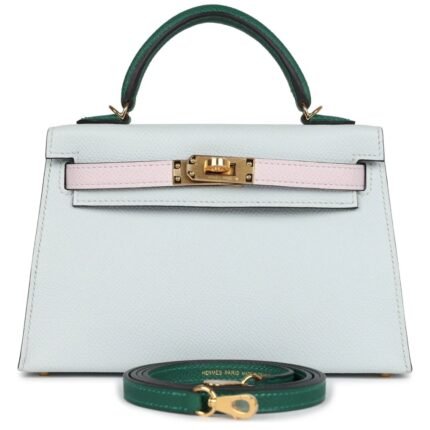 HERMÈS KELLY SELLIER 20 TRI COLOR GRIS PLATINE MAUVE PALE AND VERT MOYEN EPSOM GOLD HARDWARE