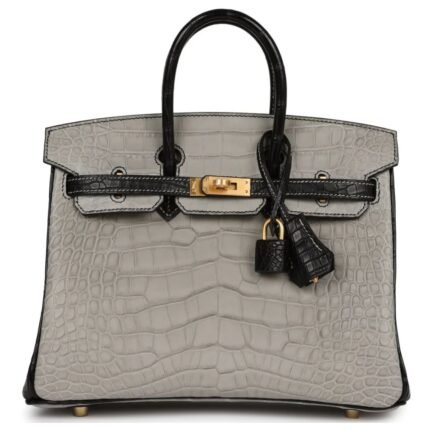 HERMÈS SPECIAL ORDER HSS BIRKIN 25 GRIS PERLE AND BLACK MATTE ALLIGATOR MISSISSIPPIENIS BRUSHED GOLD HARDWARE