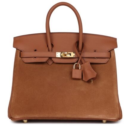 PRE-OWNED HERMÈS BIRKIN 25 CHAMOIS GRIZZLY AND GOLD SWIFT GOLD HARDWARE