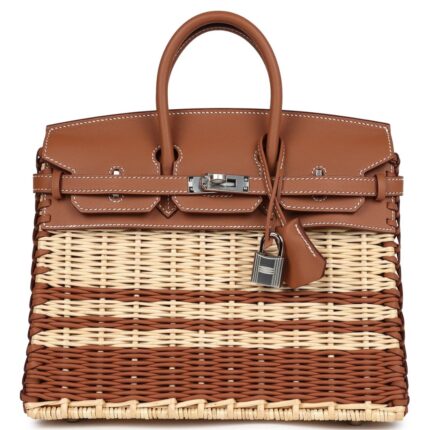 HERMÈS PICNIC BIRKIN 25 GOLD SWIFT AND STRIPE WICKER PALLADIUM HARDWARE