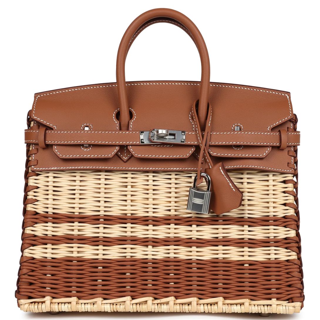 1 HERMÈS PICNIC BIRKIN 25 GOLD SWIFT AND STRIPE WICKER PALLADIUM HARDWARE