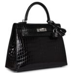 HERMÈS KELLY SELLIER 25 BLACK SHINY NILOTICUS CROCODILE PALLADIUM HARDWARE