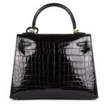 HERMÈS KELLY SELLIER 25 BLACK SHINY NILOTICUS CROCODILE GOLD HARDWARE