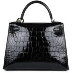 HERMÈS KELLY SELLIER 28 BLACK SHINY ALLIGATOR GOLD HARDWARE