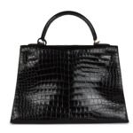 VINTAGE HERMÈS KELLY SELLIER 32 BLACK SHINY POROSUS CROCODILE GOLD HARDWARE