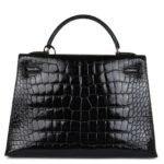 HERMÈS VINTAGE KELLY SELLIER 32 BLACK SHINY ALLIGATOR GOLD HARDWARE