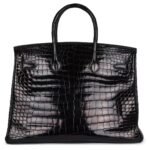 PRE-OWNED HERMÈS BIRKIN 35 BLACK SHINY POROSUS CROCODILE GOLD HARDWARE