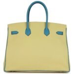 PRE-OWNED HERMÈS SPECIAL ORDER (HSS) BIRKIN 35 JAUNE POUSSIN AND BLEU PARADISE TOGO BRUSHED GOLD HARDWARE
