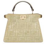 FENDI PEEKABOO ISEEU PETITE CHAMPAGNE-COLORED SUEDE BAG WITH FF IN CRYSTALS AND STUDS