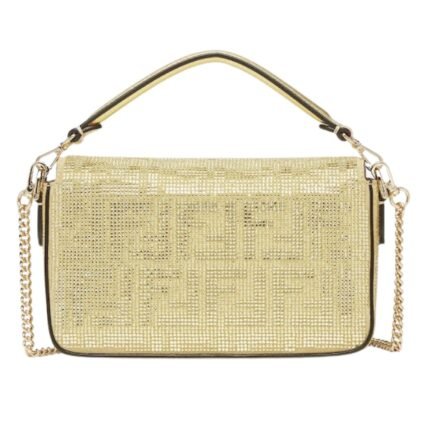 FENDI BAGUETTE MINI CHAMPAGNE COLORED SUEDE BAG WITH FF IN CRYSTALS AND STUDS