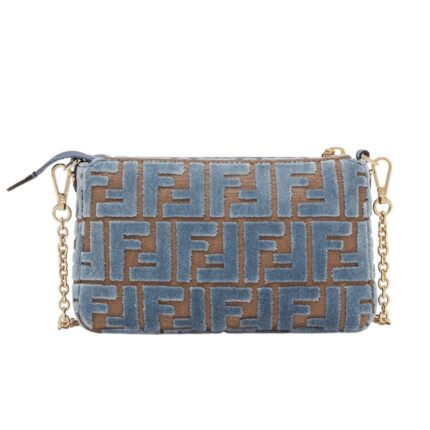 FENDI BAGUETTE POUCH LIGHT BLUE JACQUARD FF VELVET POUCH WITH CHAIN