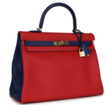 HERMÈS SPECIAL ORDER (HSS) KELLY RETOURNE 35 VERMILLON AND BLEU SAPHIR SWIFT PERMABRASS HARDWARE