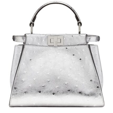 FENDI PEEKABOO MINI SILVER-COLOR OSTRICH LEATHER BAG
