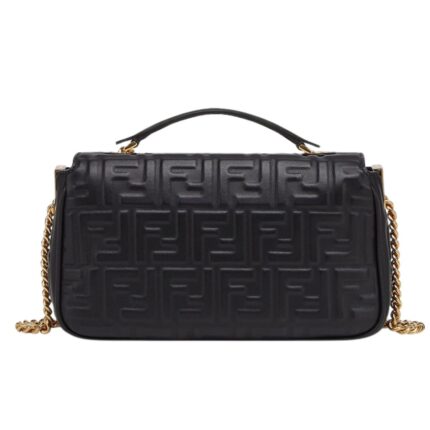FENDI BAGUETTE CHAIN MIDI BLACK NAPPA LEATHER BAG WITH FF MOTIF