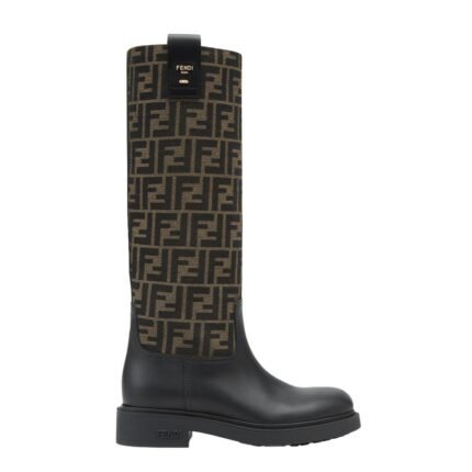 FENDI FILO BLACK LEATHER AND BROWN FF FABRIC BOOTS