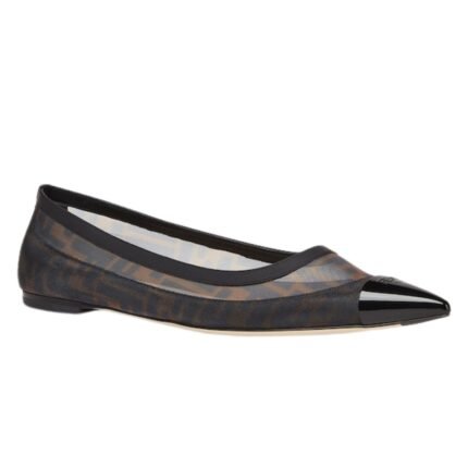FENDI COLIBRÌ BLACK LEATHER AND BROWN FF MESH BALLET FLATS