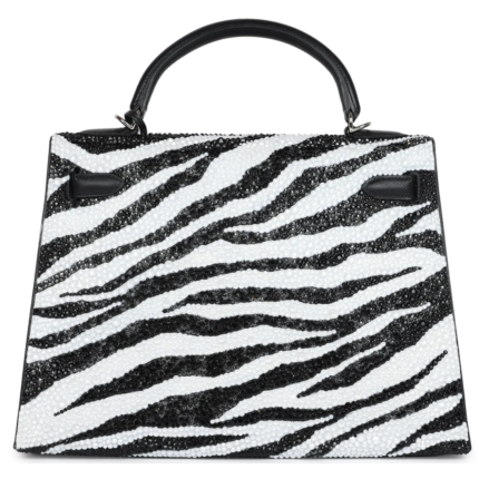 CUSTOM ZEBRA SWAROVSKI CRYSTAL HERMÈS KELLY SELLIER 32 BLACK EPSOM PALLADIUM HARDWARE