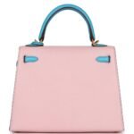 HERMÈS SPECIAL ORDER (HSS) KELLY SELLIER 25 ROSE SAKURA AND BLEU AZTEC CHEVRE BRUSHED GOLD HARDWARE