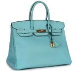 PRE-OWNED HERMÈS BIRKIN 35 BLEU ATOLL EPSOM GOLD HARDWARE