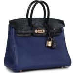 HERMÈS BIRKIN 25 BLEU SAPHIR TAURILLION NOVILLO AND BLEU MARINE MATTE ALLIGATOR TOUCH ROSE GOLD HARDWARE