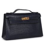 HERMÈS KELLY POCHETTE BLEU INDIGO MATTE ALLIGATOR GOLD HARDWARE