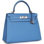 PRE-OWNED HERMÈS KELLY SELLIER 28 BLEU AZUR EPSOM PALLADIUM HARDWARE