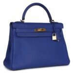 PRE-OWNED HERMÈS KELLY RETOURNE 32 BLEU ELECTRIC TOGO GOLD HARDWARE