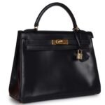 VINTAGE HERMÈS KELLY RETOURNE 32 NAVY BOX GOLD HARDWARE