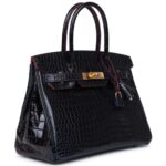 HERMÈS BIRKIN 30 BLEU MARINE AND ROUGE H CONTOUR SHINY POROSUS CROCODILE GOLD HARDWARE